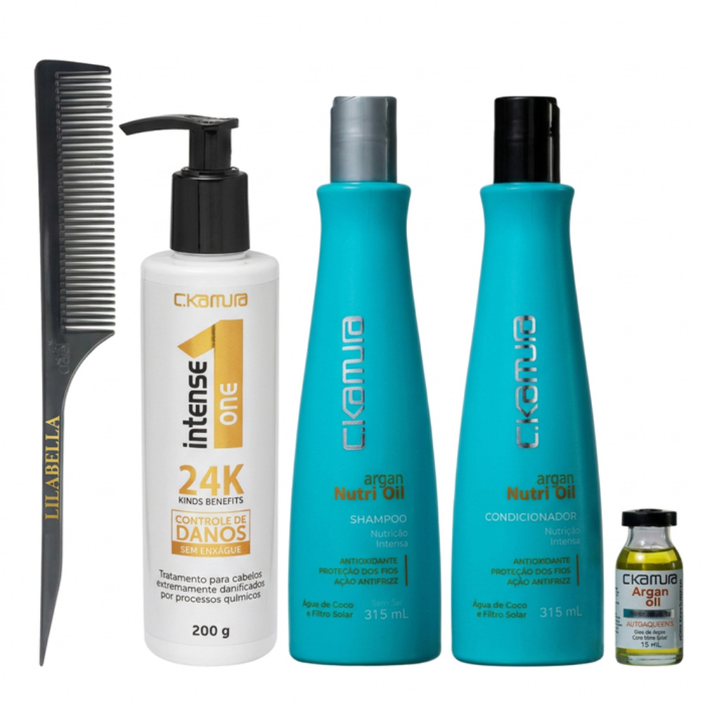 Kit Argan C.Kamura Leave-in Reconstrução 24k+Pente Lilabella