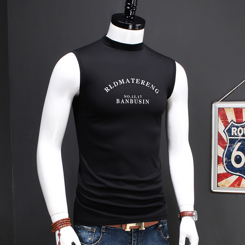 Pequeno pequeno pescoço alto sem mangas colete masculino verão na moda ombro largo fino-ajuste mercerizado algodão camis
