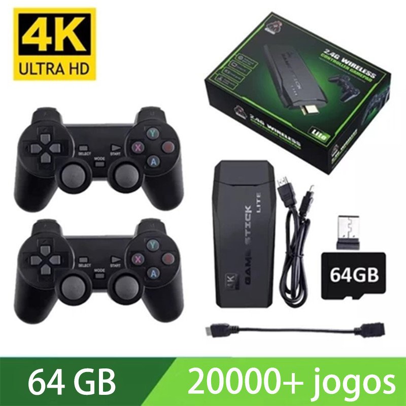 Imagem Videogame Stick 20000+ Jogos 4K 64GB 2 Controle Sem Fio Console Portátil Retro Antigo Original