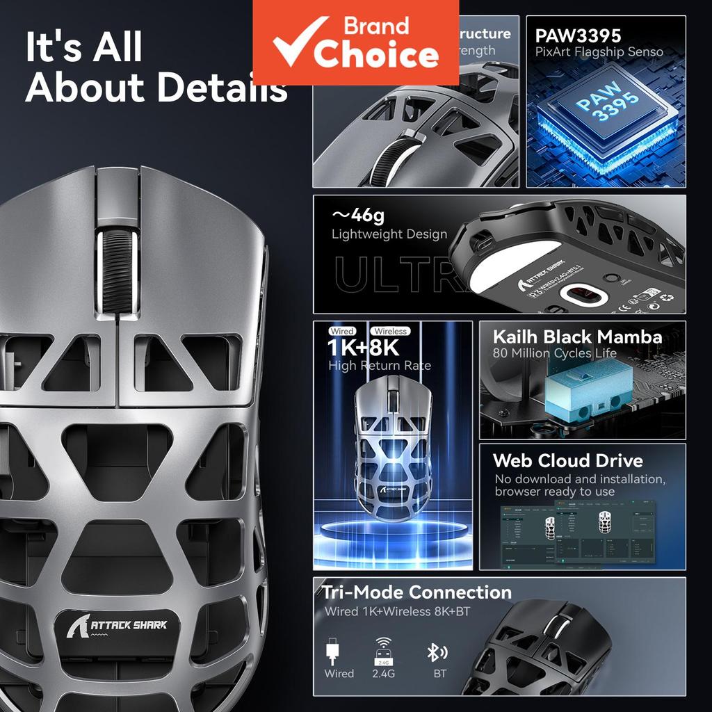 Mouse Gamer Attack Shark R3 8k sem Fio Liga de Magnésio Design Aerodinâmico Ultraleve Modo Triplo Paw3395 Bluetooth para