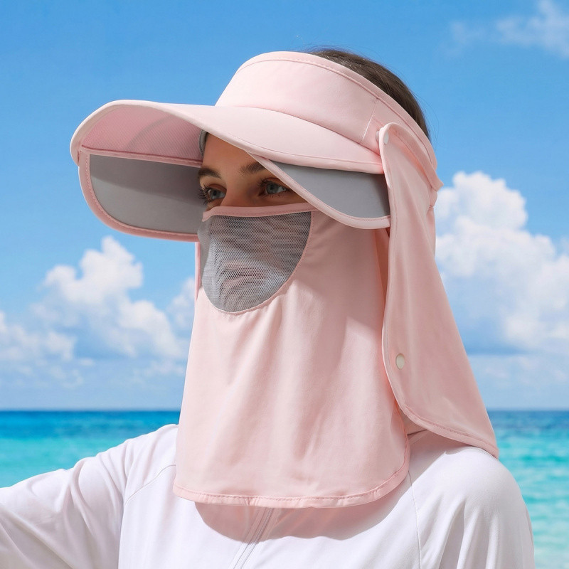 Máscara protetora solar de verão, chapéu de sol integrado, aba grande, proteção para pescoço, respirável, oco, chapéu de