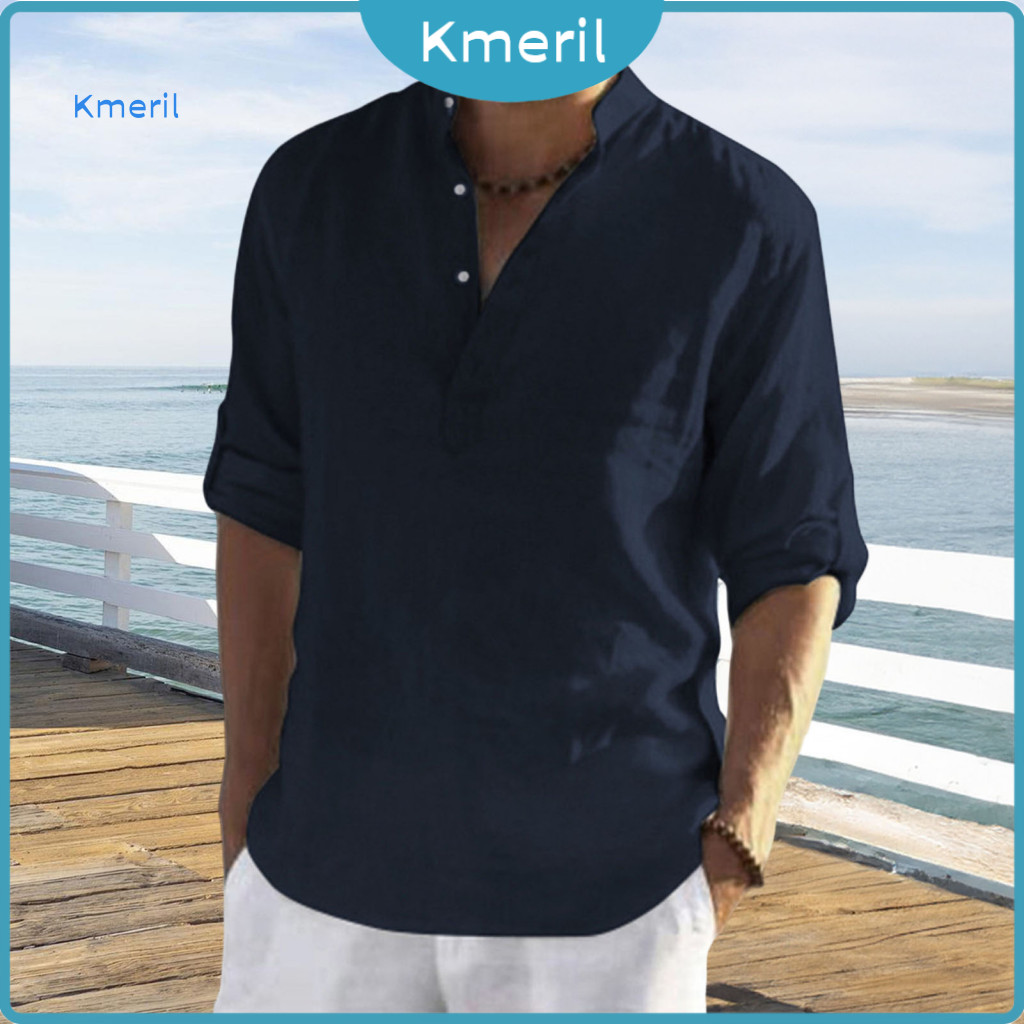Men Spring Shirt Men's Stand Collar Long Sleeve with Cufflinks Solid Color Loose Fit Pullover Mid-length Buttoned Top fo