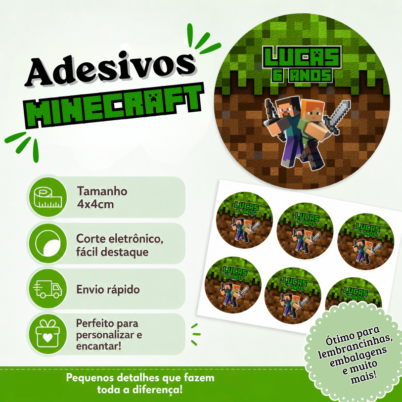 Adesivo Personalizado Minecraft 4x4 | Lembrancinha | Festa Infantil | Aniversário