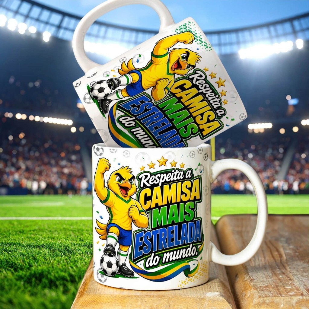 Caneca Seleção Brasileira Canarinho 2026 Personalizada Cerâmica 325ml Futebol/Caneca Hoje Tem Jogo Brasil FutebolMascote