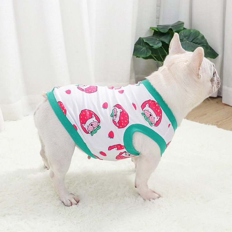 [Roupa para Bulldog Francês] Colete Fofo com Estampa de Morango para Bulldogs e Pugs de Corpo Curto