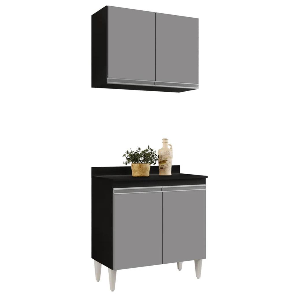 Armário Aéreo Califórnia e Balcão Hawai com Tampo 80cm Preto/Cinza - Lumil