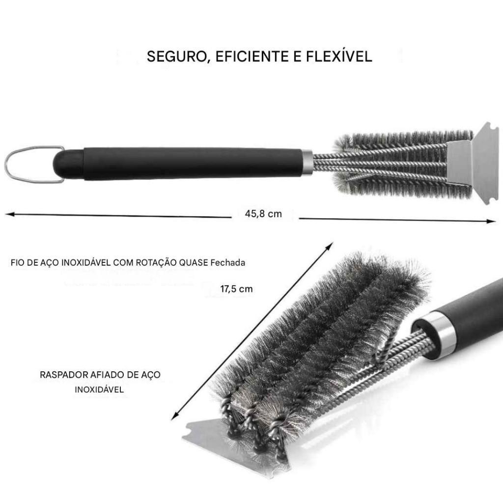 Escova Limpa Churrasqueira Grill 3 em 1 Aço Inox Cabo Longo Resistente Prática — imagem 2 de 2