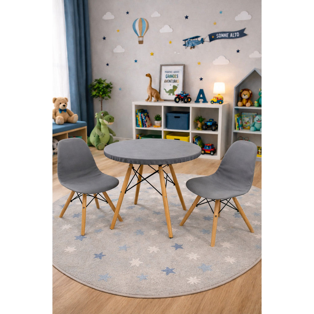 Kit Eiffel Kids Toalha de Mesa 60cm + 2 Capas de Cadeira Infantil Malha Gel