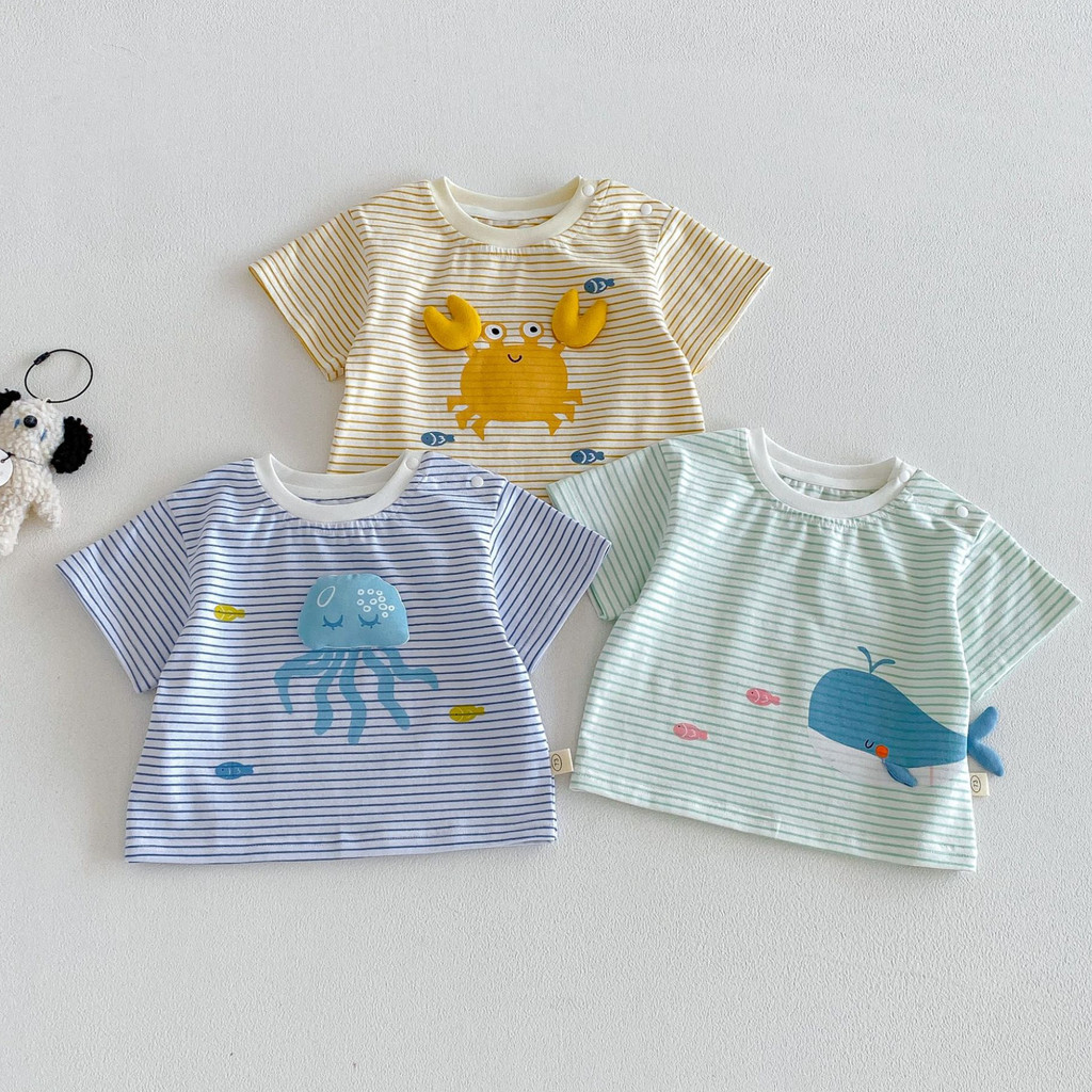 Crianças dos desenhos animados camiseta verão bebê tridimensional Animal de manga curta Base roupas meninos listrado Cas