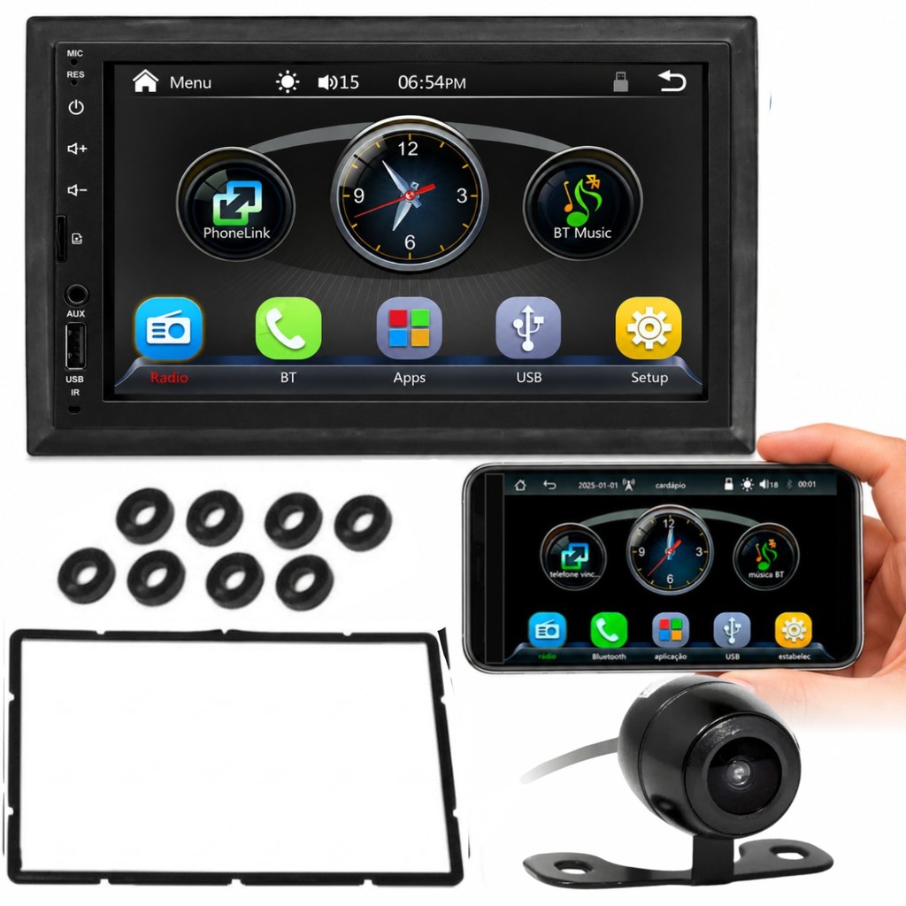 Kit Central Multimídia Roadstar RS7007BR 7" + Moldura Painel Polo 2000 a 2014 + Câmera de Ré RS210BR