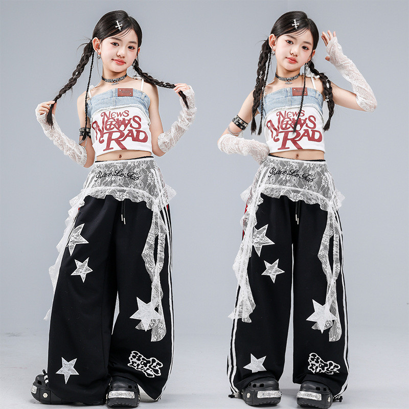 Traje de dança jazz meninas terno versão coreana recortado colete superior jazz moletom calças crianças moda desempenho