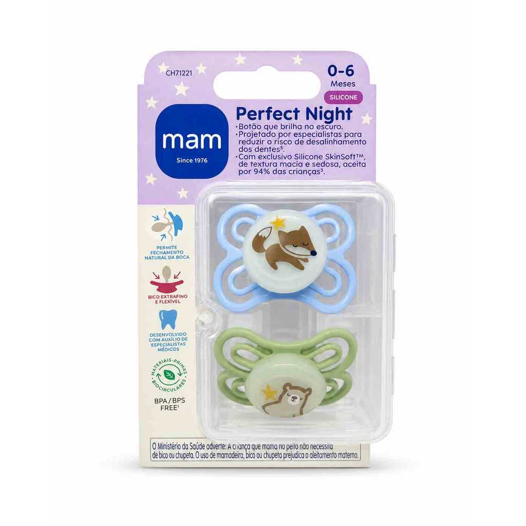 Chupeta Mam Perfect Night Silicone Macio Bico Fino Kit 0-6M