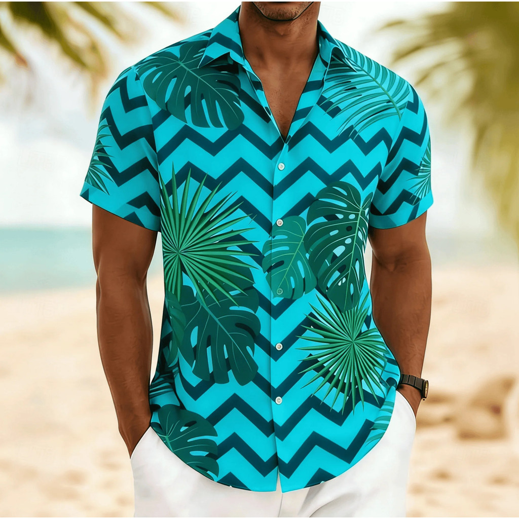 Camisa Masculina De Manga Curta Com Estampa De Monstera Tropical E Folha De Palmeira Chevron , Blusa De Férias Havaianas