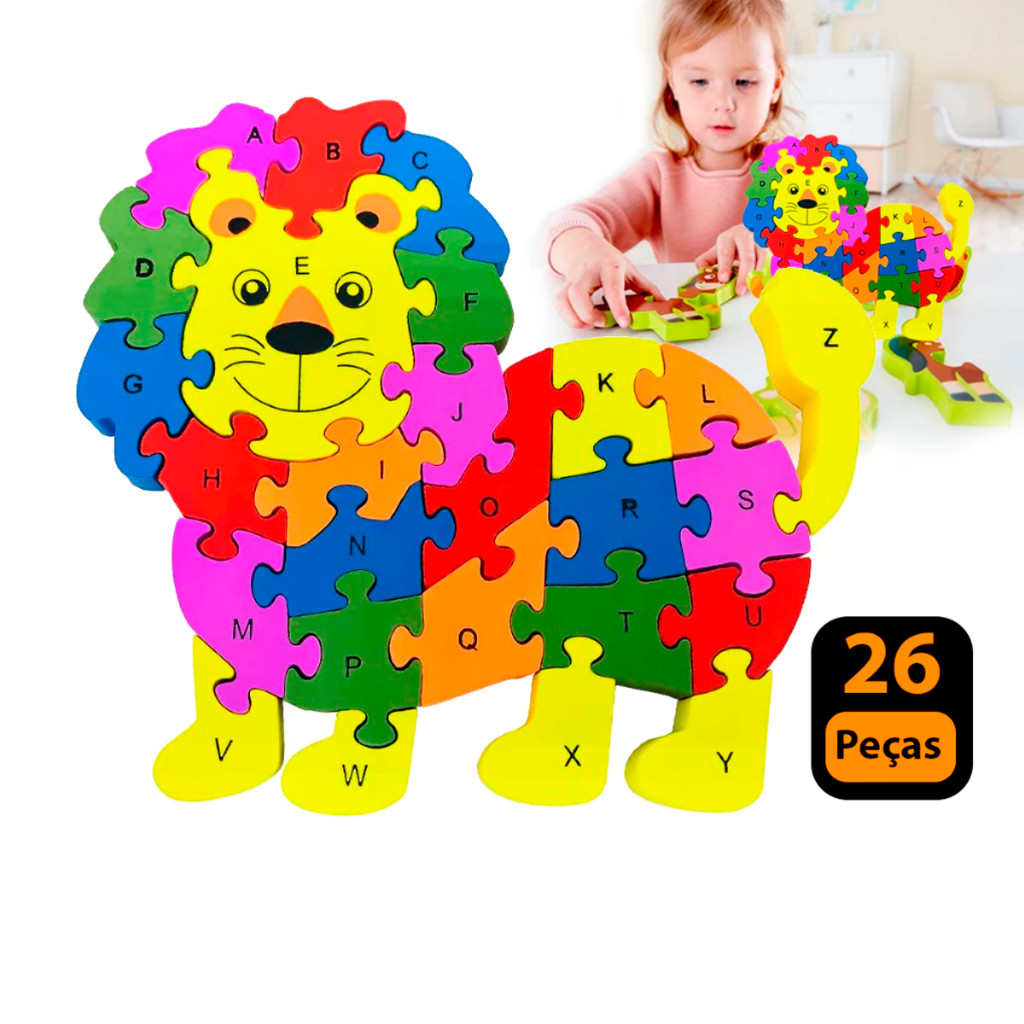 Quebra-cabeça de Leão de Madeira Infantil Educativo Montessori Com 26 Pçs Brinquedo Didático animal