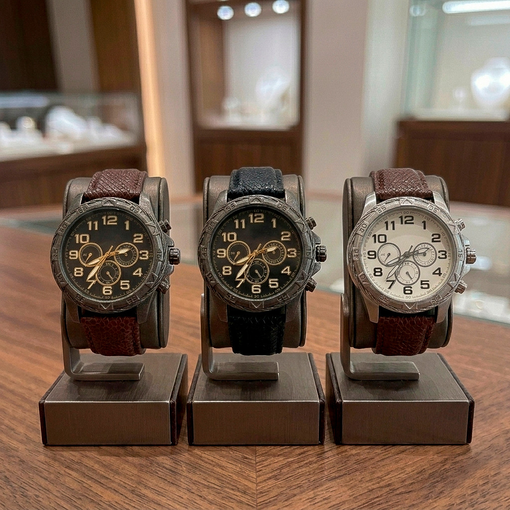 Relógio Masculino Premium Pulseira Couro Texturizado Marrom Preto Dourado Prata