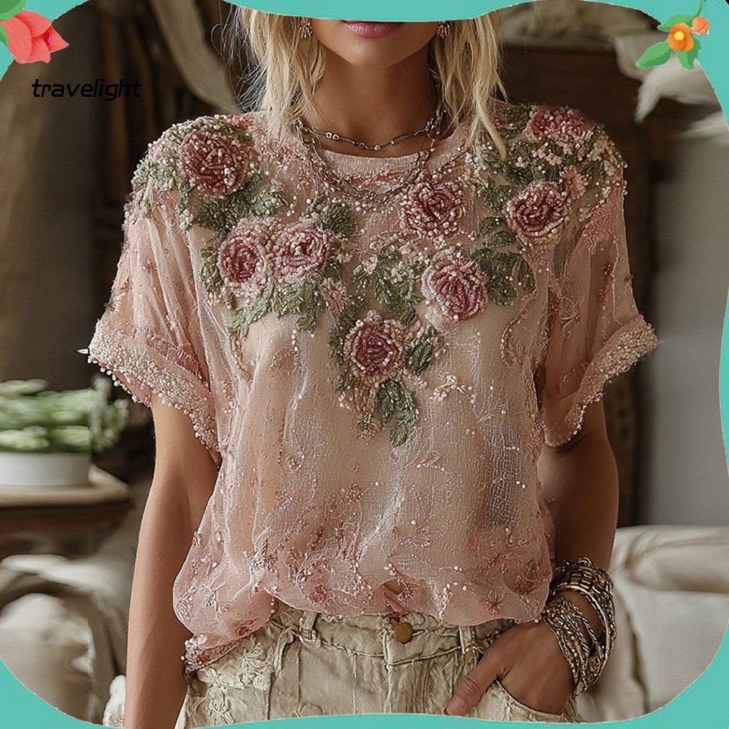 Versatile Blouse Women Linen Tops Women’s Summer Round Neck Short Sleeve Pullover Top Loose Fit Lightweight Sun Protec