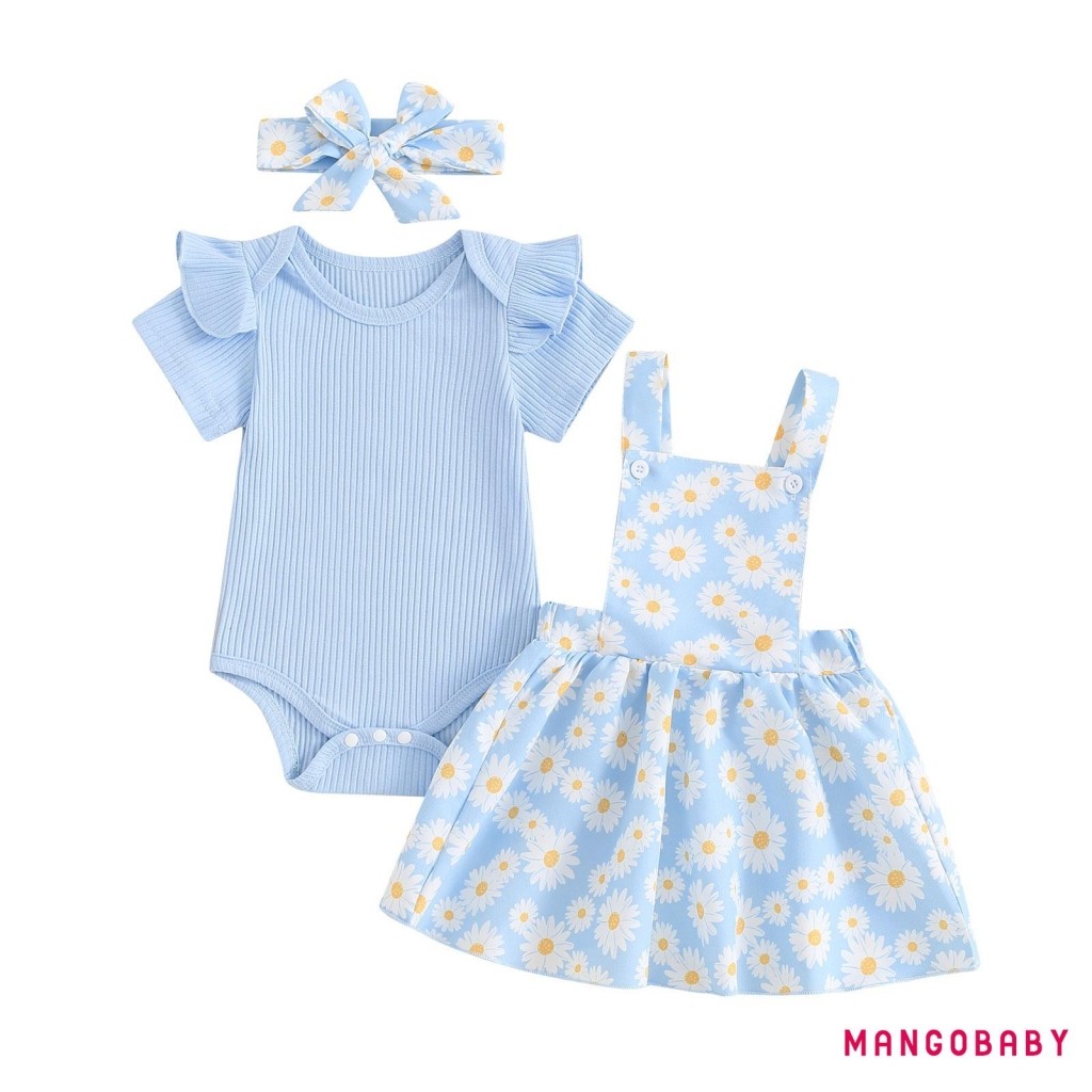 Mango-3Pcs Bebê Meninas Roupas De Verão Macacão De Manga Curta + Saia Suspensório Margarida + Conjunto De Tiara Recém-Na