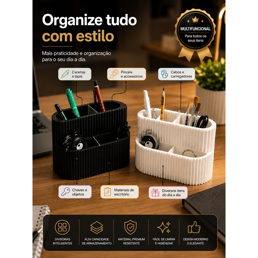 Organizador Multiuso De Mesa Porta Caneta Lapis Pincel Papelaria Escritório Home Office Preto Branco