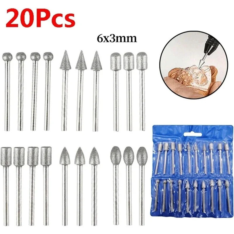 20 Pçs Cabeças De Moagem Diamante Mini Bit Para Ferramenta Broca Rotativa Rebarbas Acessórios 3mm Haste Ferramentas Kit 