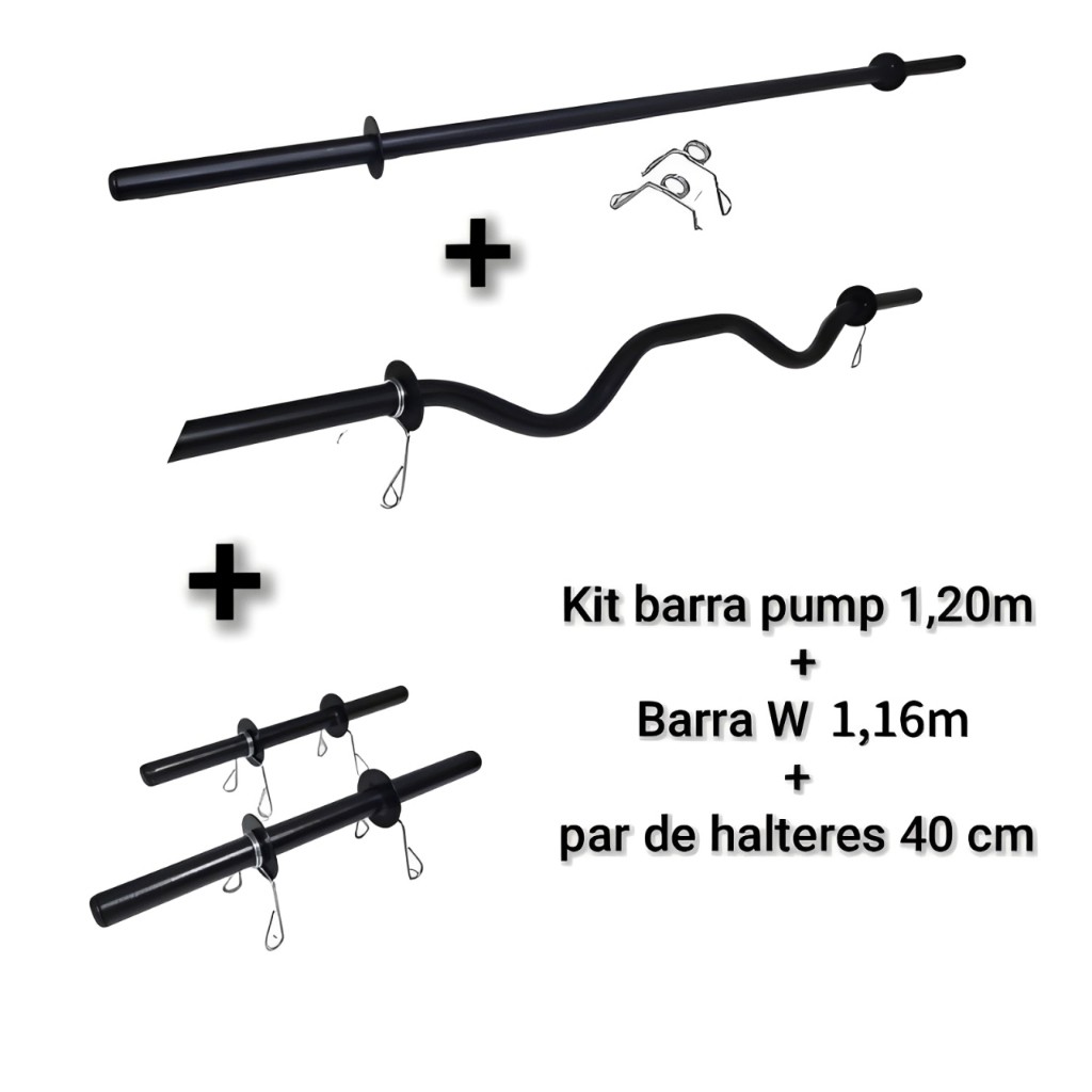 Kit barras body pump + Barra W + par halteres de mão 40 cm academia musculação