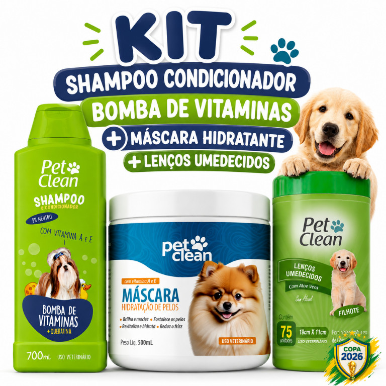 Kit Shampoo Bomba de Vitaminas + Máscara Soft + Lenço Umedecido Filhote Pet Clean para Cães e Gatos
