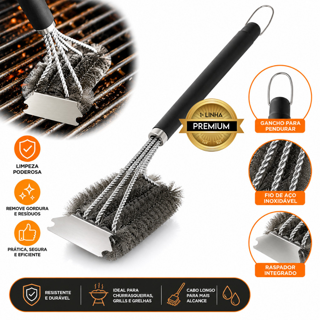 Escova Limpa Churrasqueira Grill 3 em 1 Aço Inox Cabo Longo Resistente