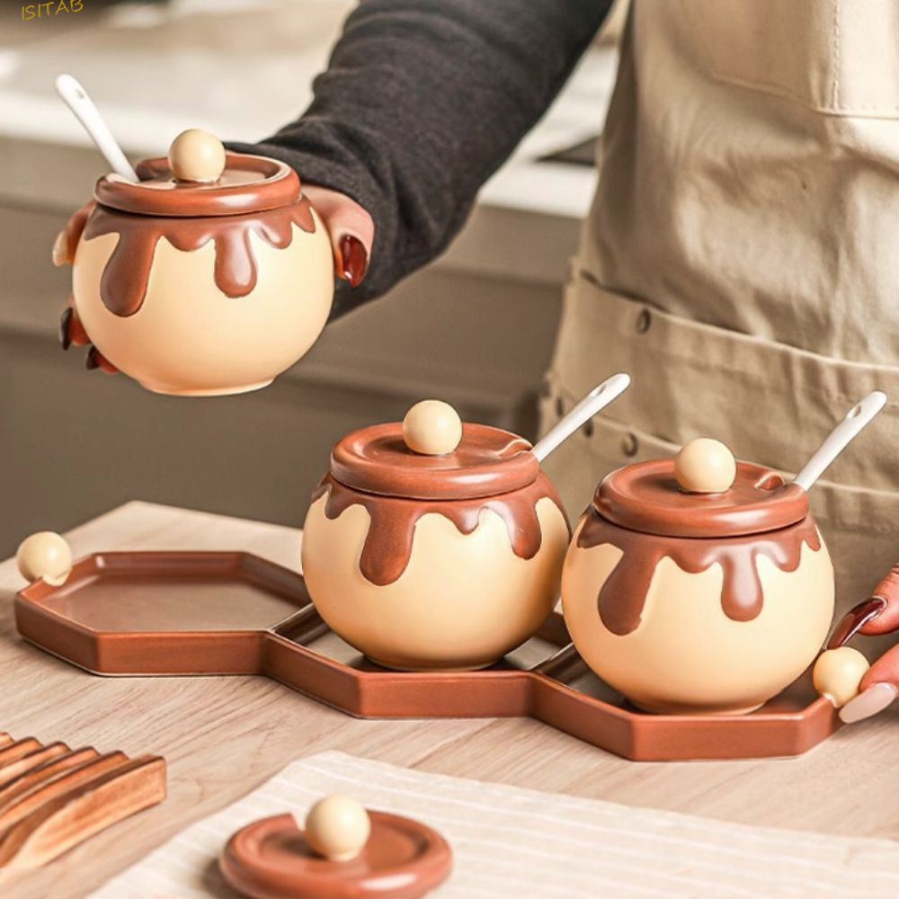 Frasco De Tempero De Cerâmica ISITAB , Mini Com Potes De Especiarias De Colher , Pote De Condimento À Prova De Poeira De
