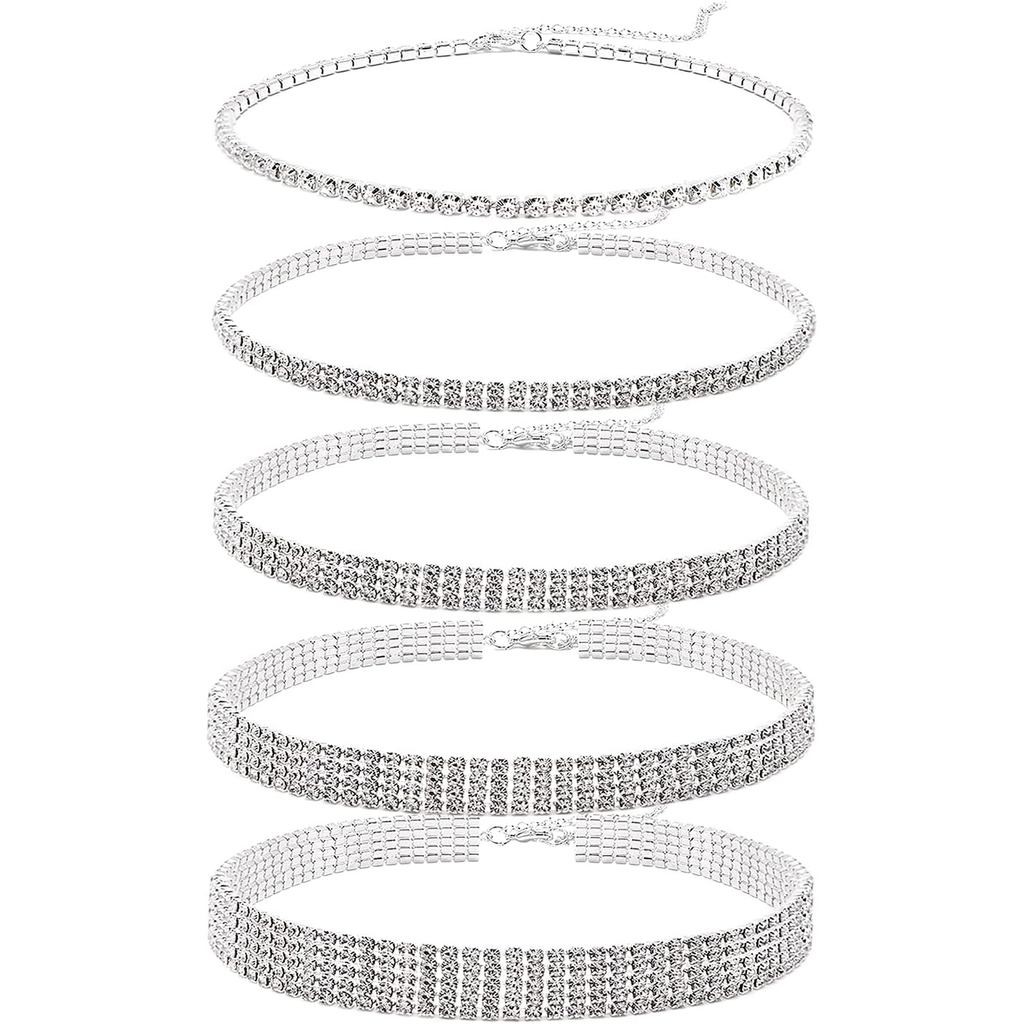 Conjunto de 5 Colares de Strass para Mulheres, Colares de Tênis Banhados a Ouro e Prata, Conjunto de Colares Delicados d
