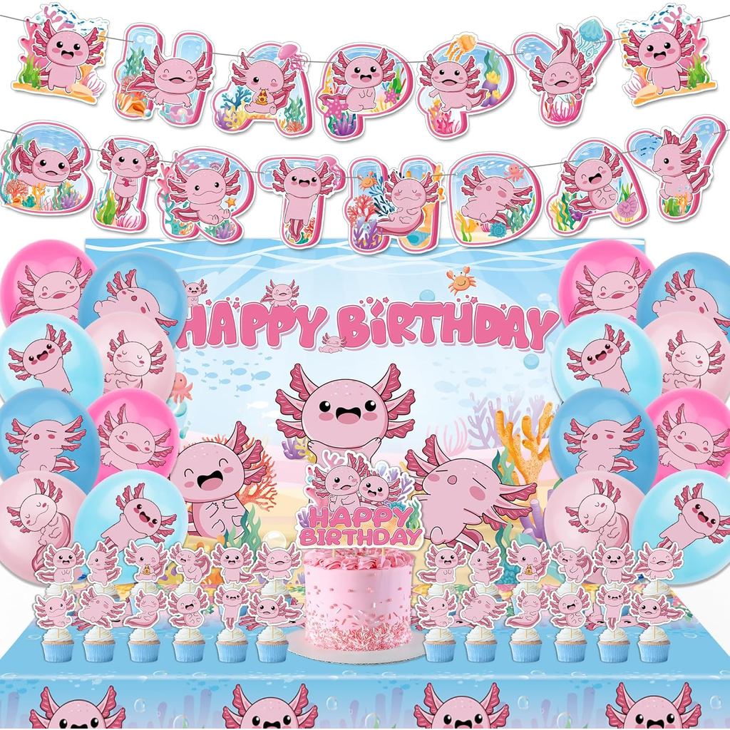 44 Peças de Suprimentos para Festa de Aniversário de Axolote Incluem Faixa de Feliz Aniversário, Painel de Fundo, Toalha