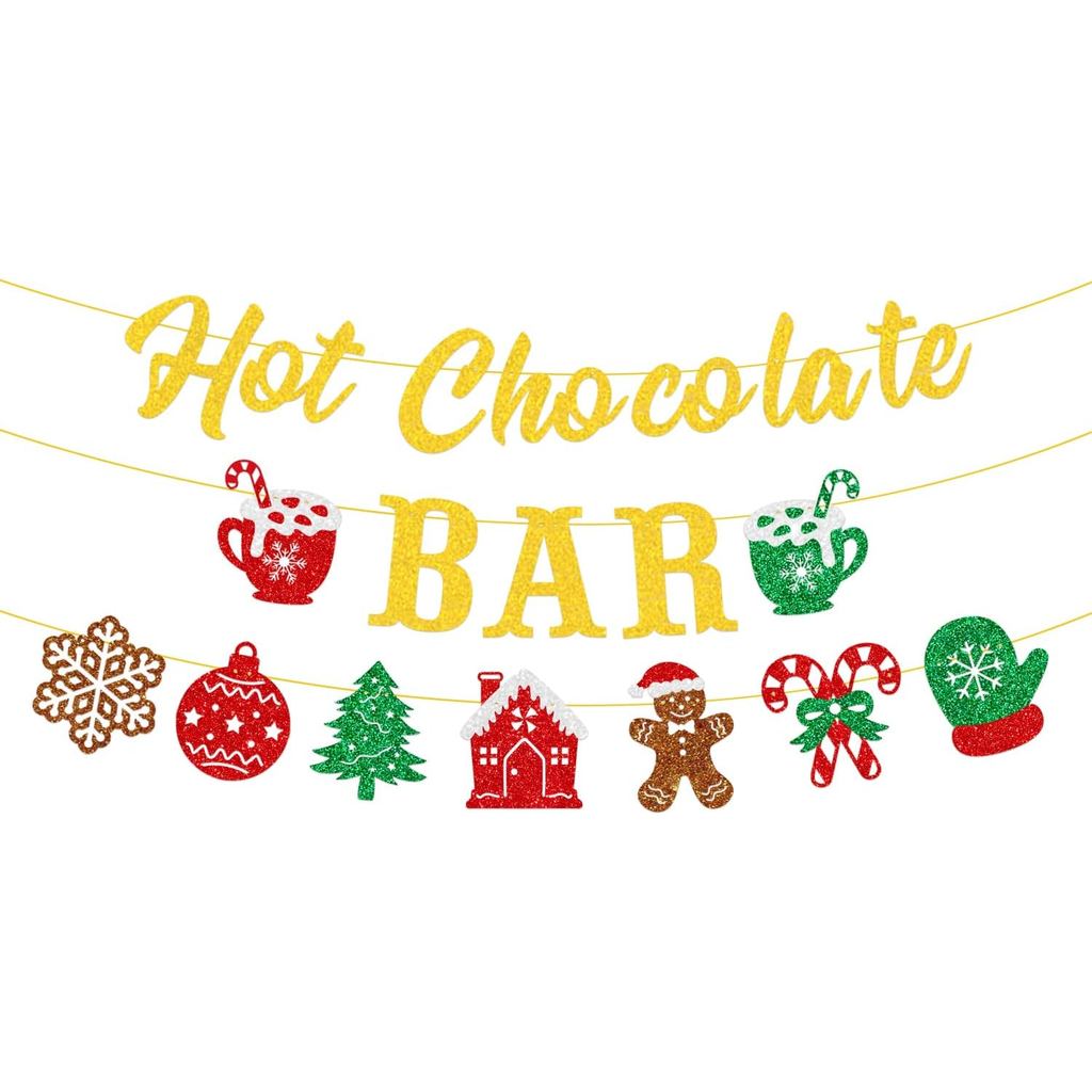 Faixa Decorativa de Chocolate Quente para o Natal, Decorações de Festa com Glitter Pré-Montadas, Placa para Cenário de F