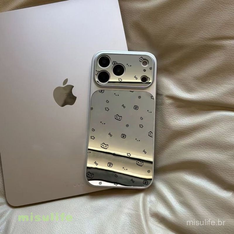 Capa para Apple 17 Pro com espelho e estampas de gatos desenhados à mão. Capa espelhada para iPhone 17 Pro, compatível c