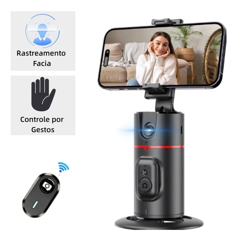 Gimbal com Rastreamento IA 360°, Suporte Celular para Live, TikTok e Produção de Conteúdo
