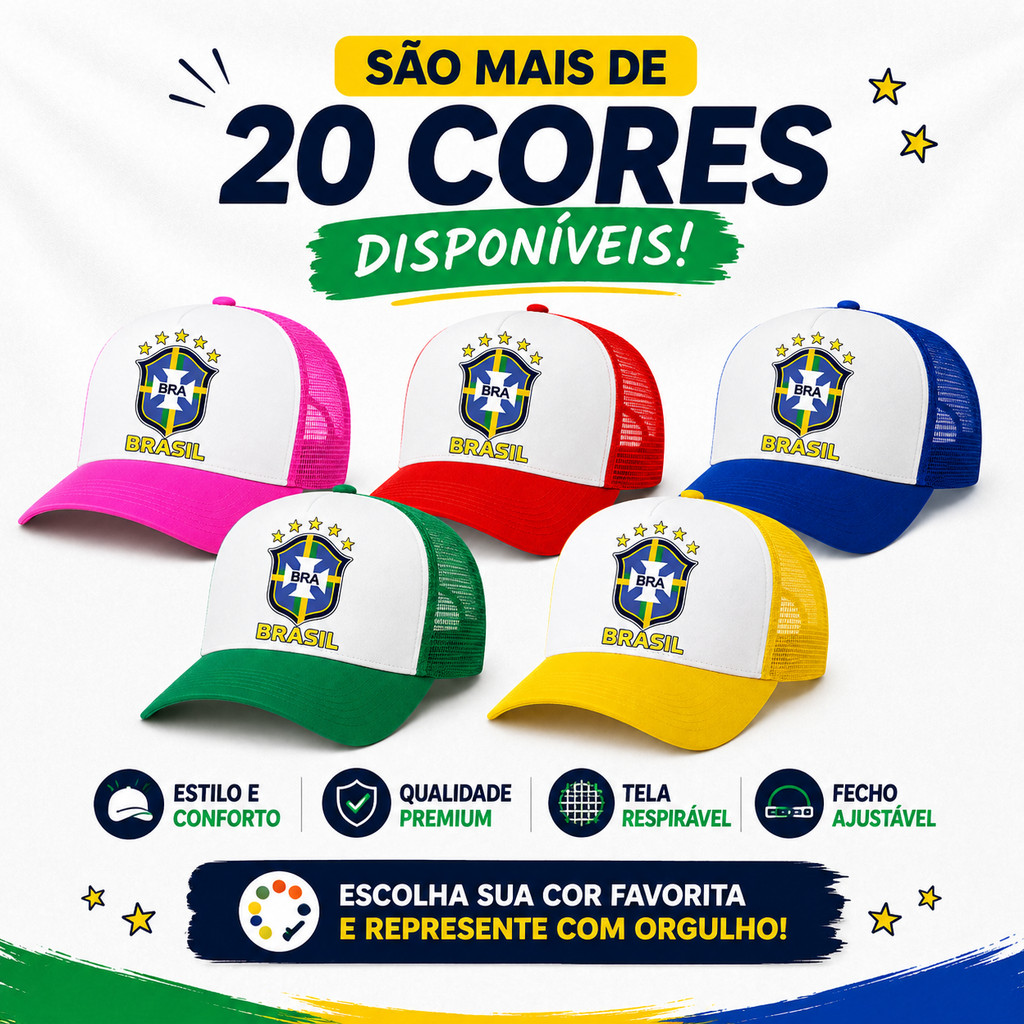 Boné do Brasil Copa do Mundo Trucker Redinha Tela Aba Curva