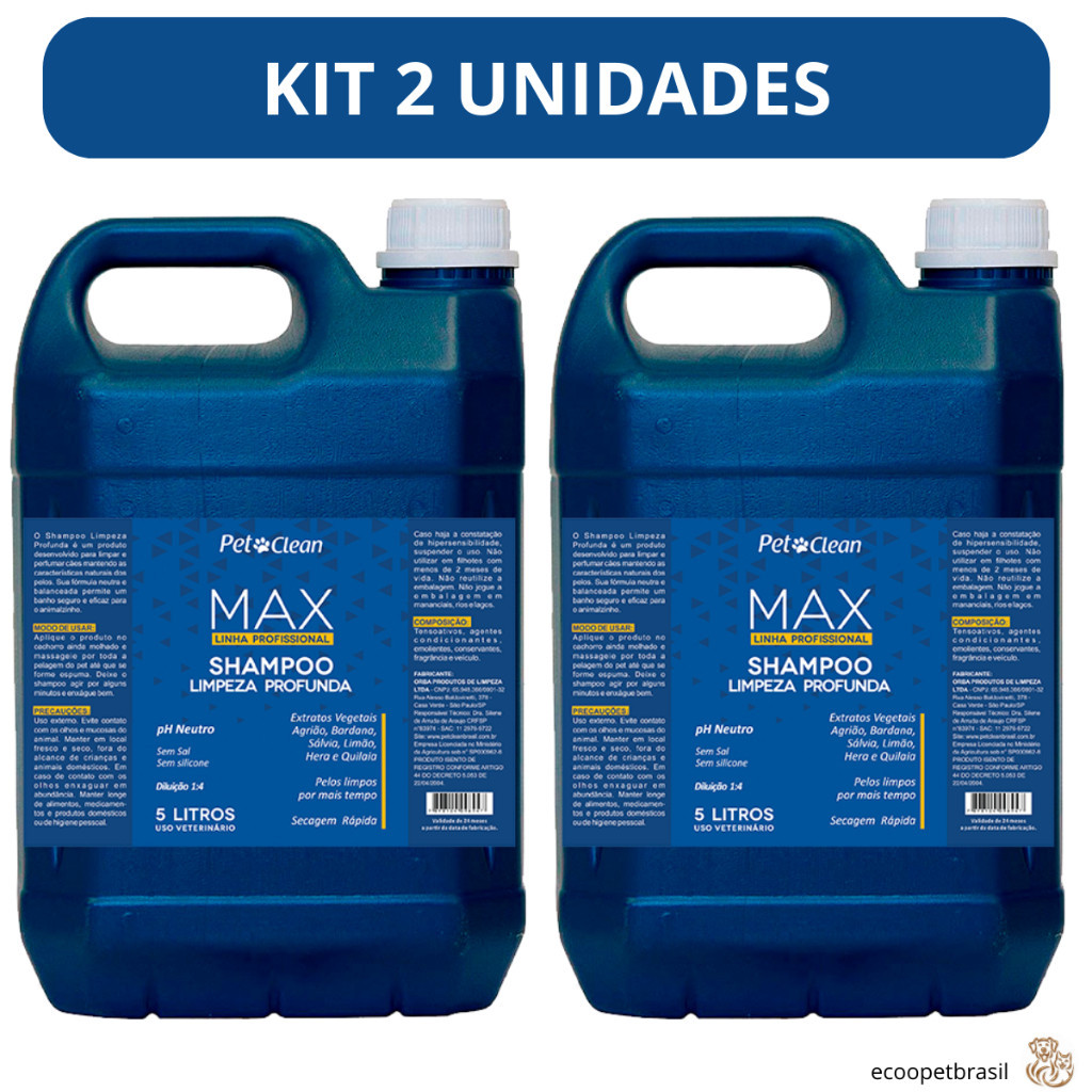 KIT 2 Shampoo Max Profissional Limpeza Profunda 1:4 Pet Clean 5L para Cães, Banho e Tosa, Pet Shop