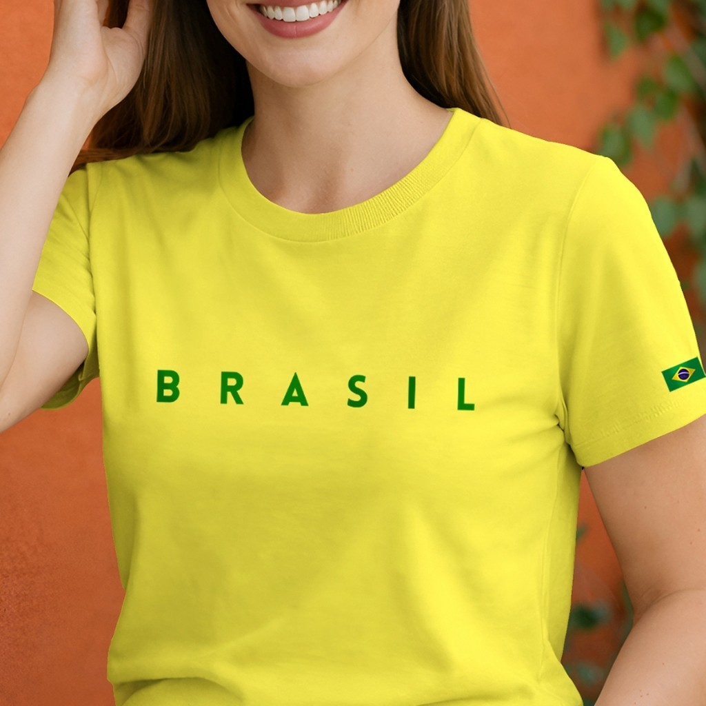 Camiseta Feminina Brasil Camisa 100% Algodão Copa Do Mundo Blusa Básica Estampa Minimalista Torcida Futebol Bandeira