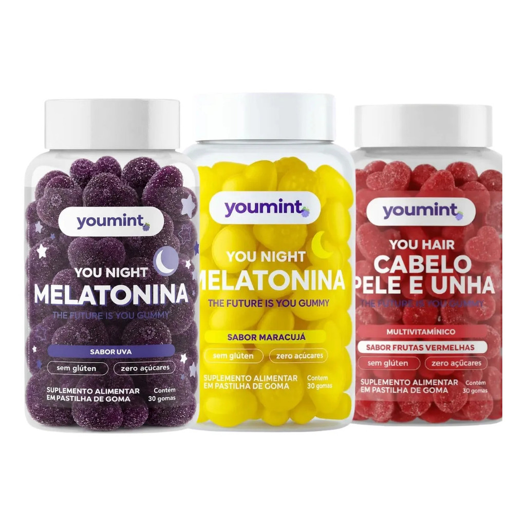 Kit 3 Gummies YouMint Melatonina Uva Maracujá e Hair Frutas Vermelhas com Biotina