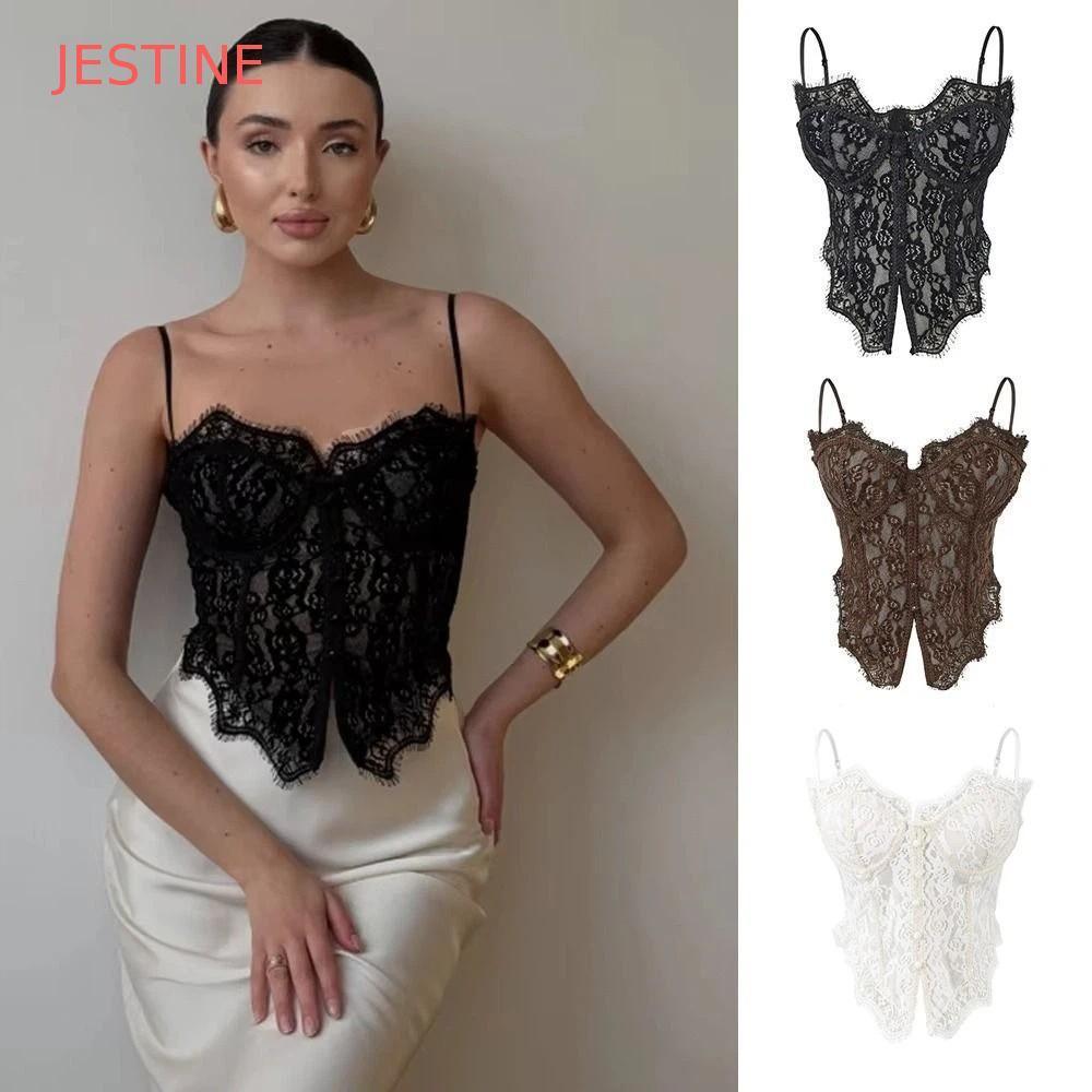 JESTINE Camisola De Renda , Espartilho Espinha De Peixe Slim fit , Regata Sem Mangas Transparente Para Viagem