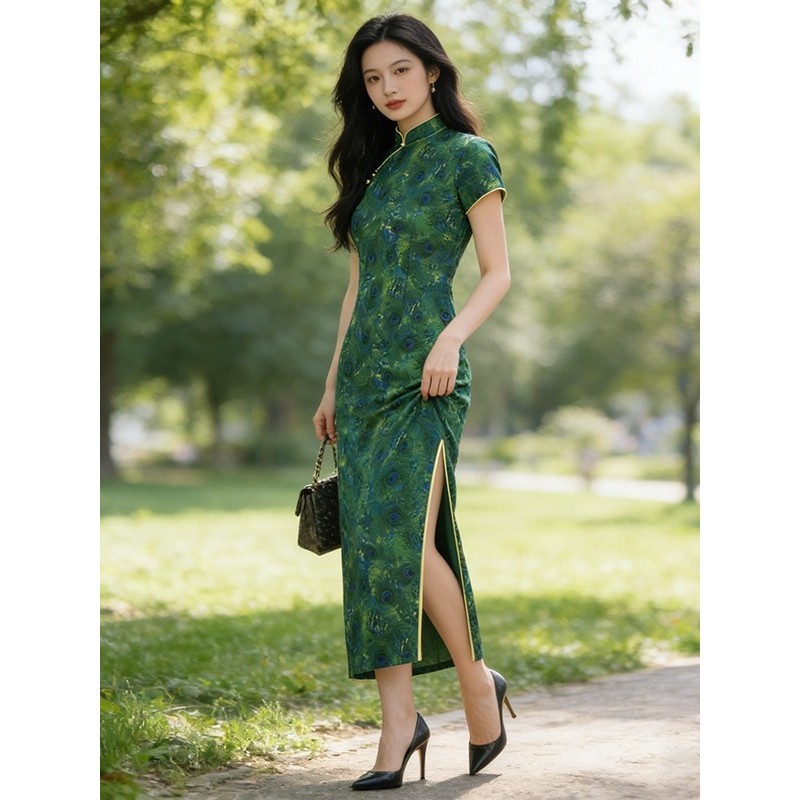 Exame de admissão à faculdade grátis cheongsam verde manga curta longo cheongsam feminino república da China velho Shang