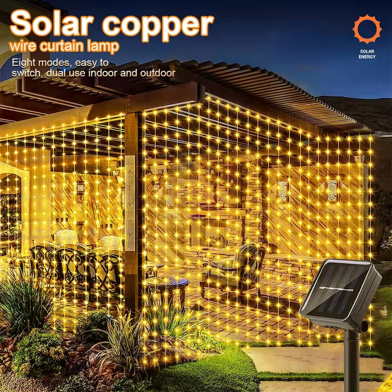 Cortina De Led Solar Pisca Pisca Cascata Decoração Jardim Casamento Festa Impermeável
