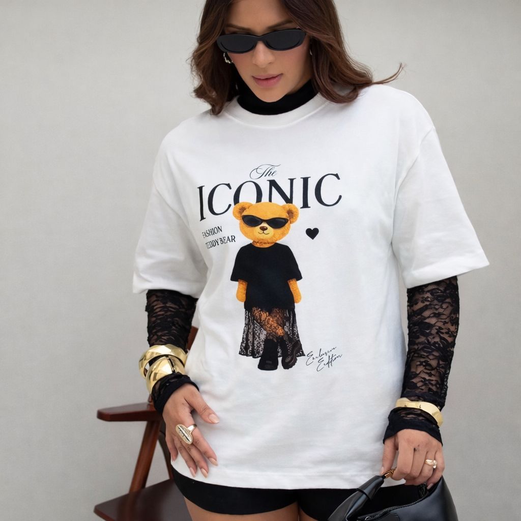 Camiseta Feminina Ursinho Iconic Fashion T-Shirt Oversized Estampada Moda Casual Tendência 2026 Estilosa