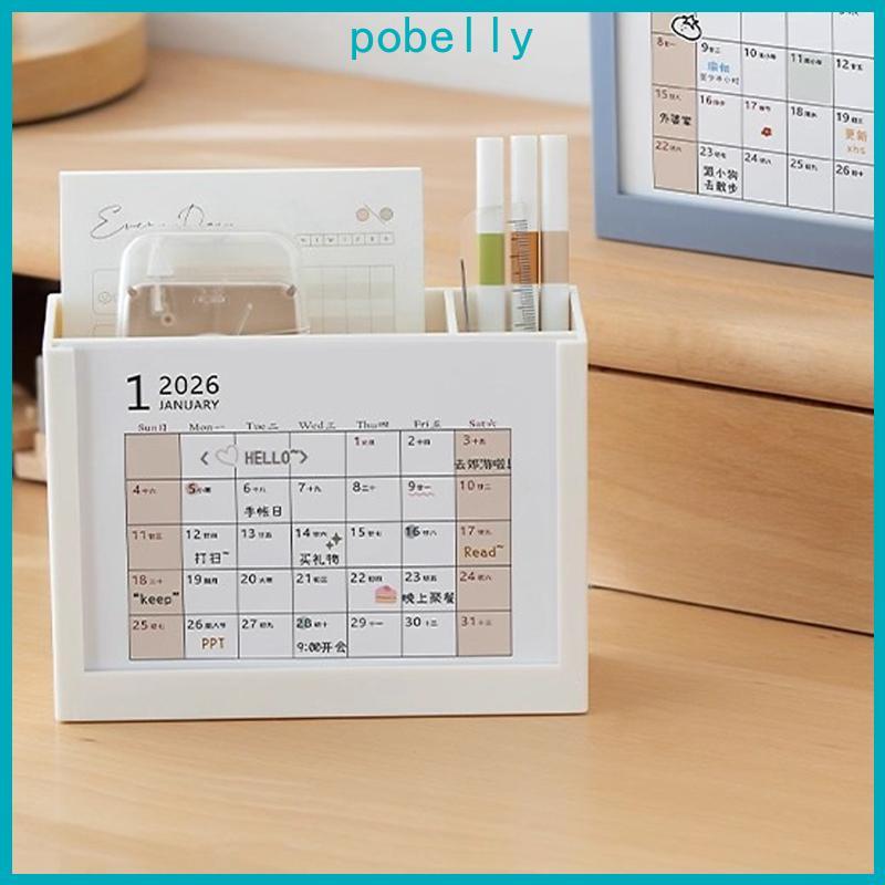 Pob 2026 Calendário Mesa Copo Caneta Multifuncional Organizador Lápis Para Gerenciamento Esc