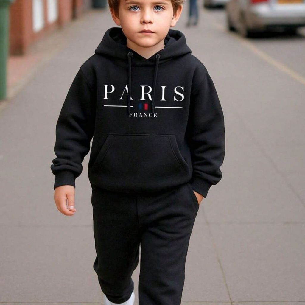 Conjunto Moletom Infantil Estampado Paris France Blusa de Frio Casual Canguru Calça Blusao Com Capuz