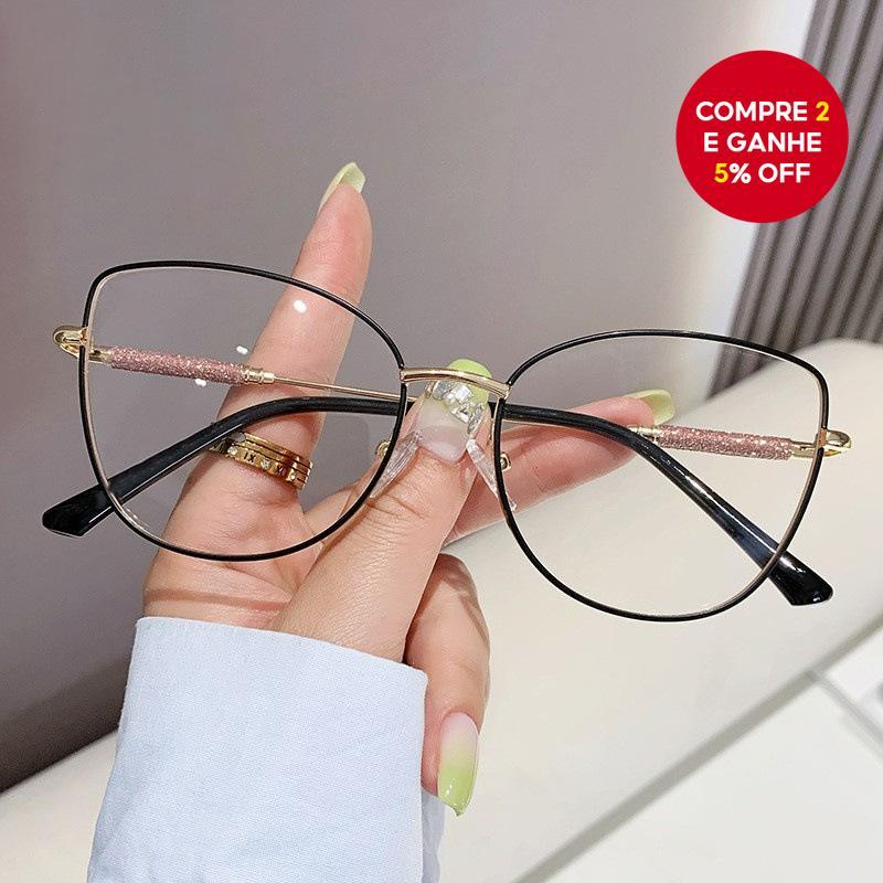 Óculos de sol femininos estilo olho de gato - armação de metal com lente transparente e bloqueio de luz azul.