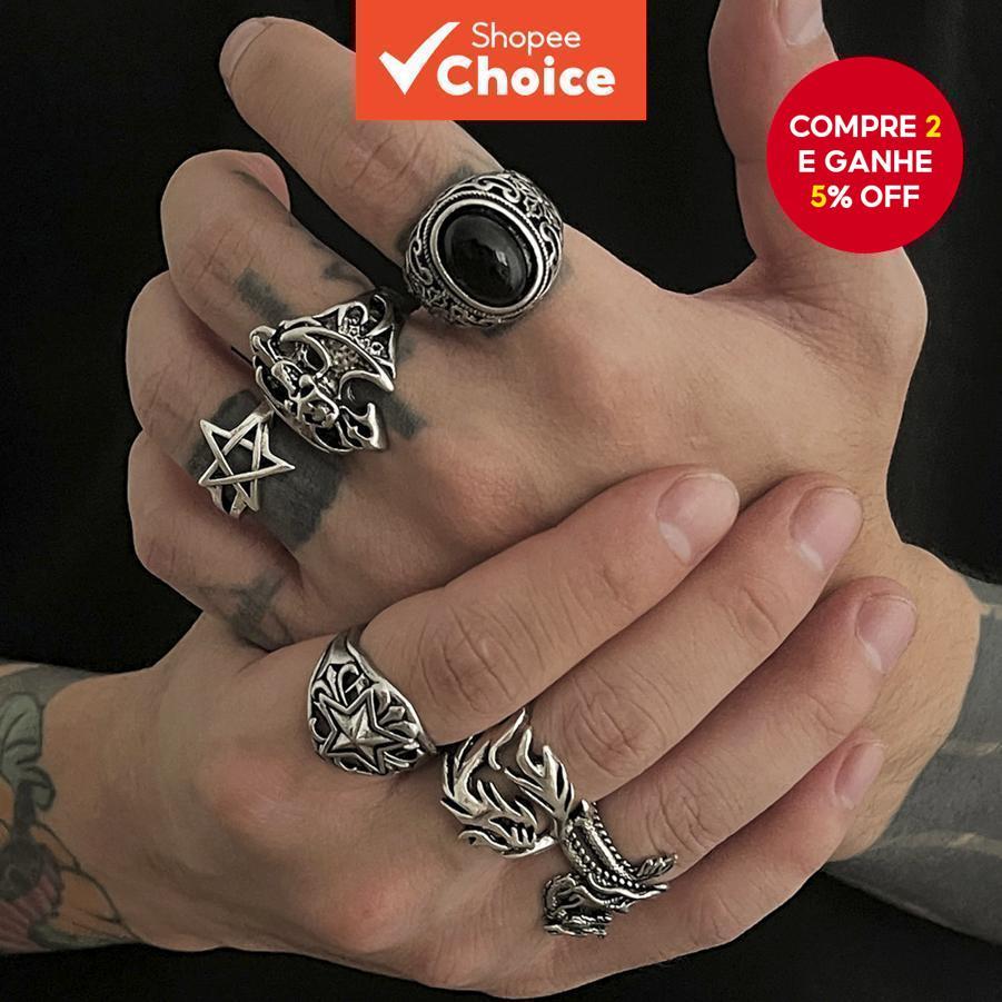 Conjunto de 6 Anéis Vintage de Dedo Dragão/Chama/Estrela de 5 Pontas Empilháveis para Homens, Acessórios Trendy e Cool
