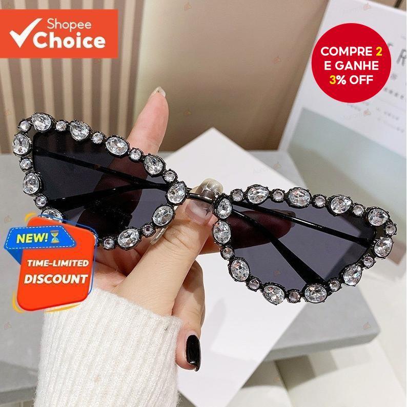 （Preto ）Óculos De Sol Femininos Cat Eye Diamond – Armação De Metal Moderna Com Proteção UV400