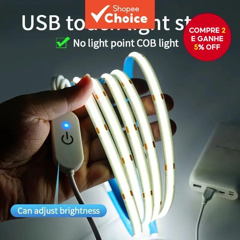 COB LED Fita de Luz 1 a 5M Dimmer Touch USB 5V Linear Quarto DIY