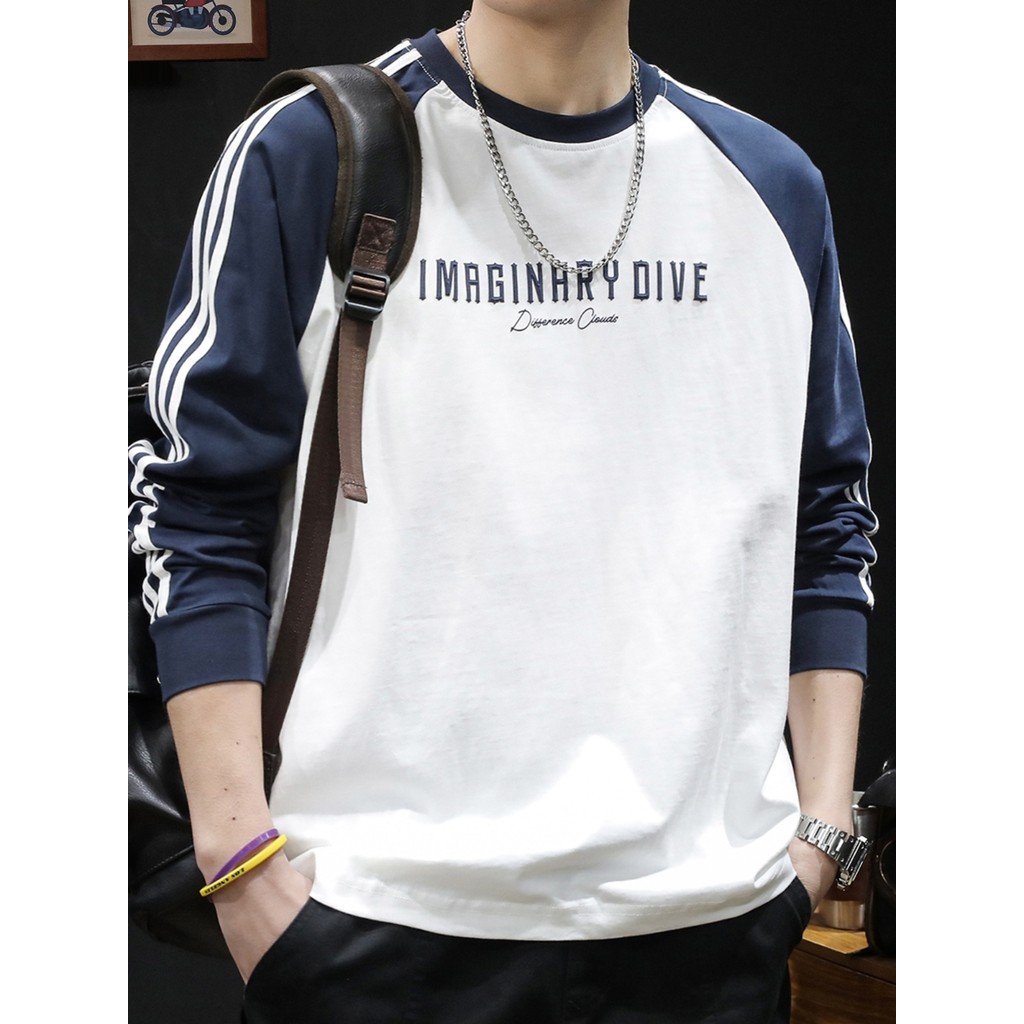 Americano Retro listrado três barras costura de manga comprida camiseta masculina primavera outono Street Wear solto nov