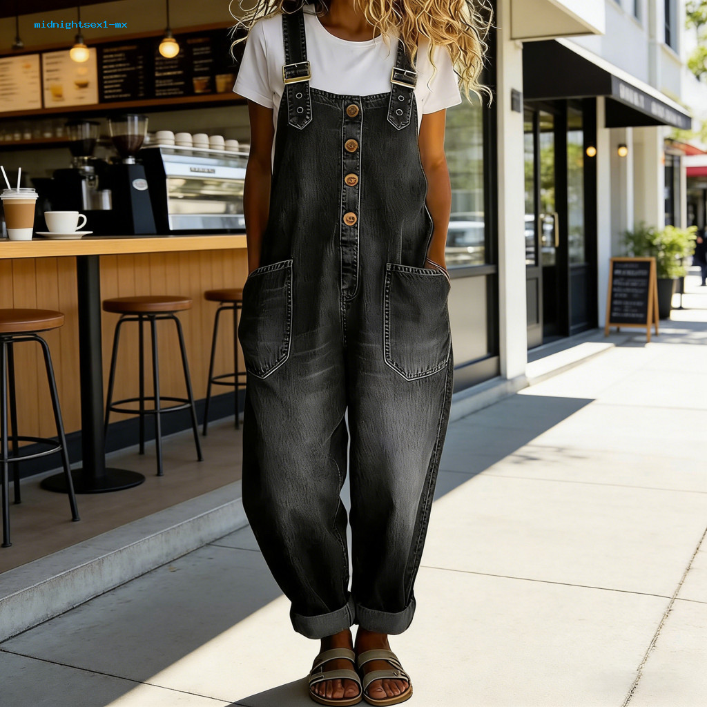 Vintage Bib Pants Women’s Denim Overalls Jumpsuit – Button Front Wide Leg Jeans Adjustable Straps Loose Fit Rompers