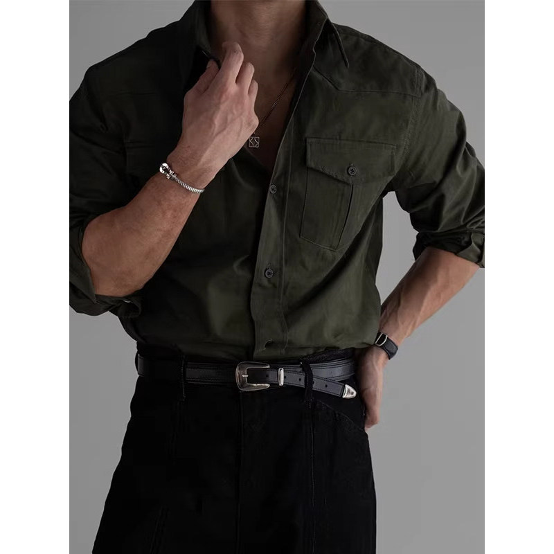 Americano Retro cara resistente ferramentas camisa duplo bolso Design camisa masculina primavera outono High-End exércit