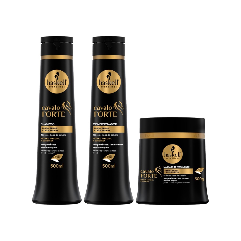 Kit Cavalo Forte Shampoo Condicionador 500ml Máscara de Tratamento 500g - Haskell Cosméticos